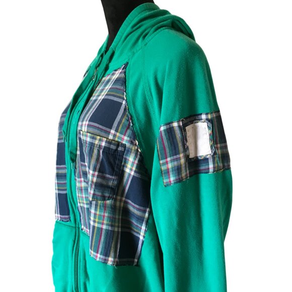 Upcycled Patchwork Hoodie, XL-1X: Grungy Zip-Up Hooded Jacket, A Little Bit Wild - Picture 7 of 11